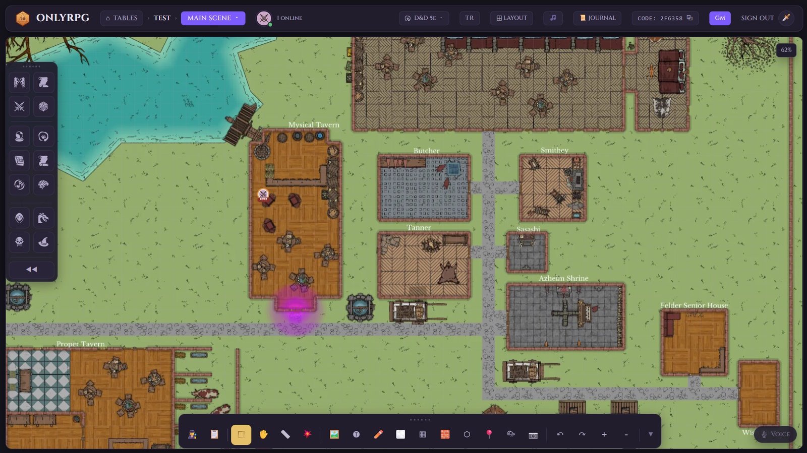 OnlyRPG live battlemap — a village scene with the GM tool dock, token toolbar and voice chat